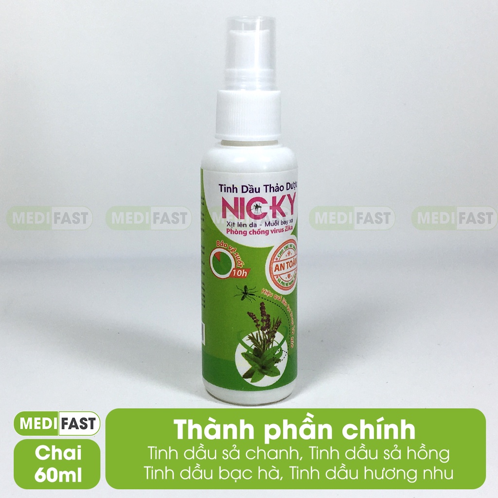 Xịt muỗi Nicky, đuổi muỗi và côn trùng, an toàn cho cả trẻ sơ sinh từ tinh dầu bạc hà, sả chanh - Chai 60ml