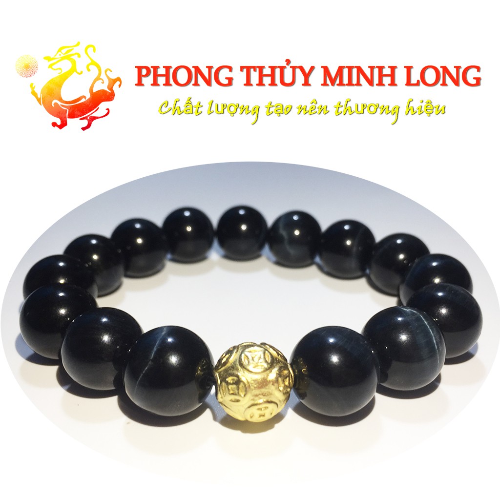 Vòng tay đá mắt hổ Chim Ưng xanh đen chất lượng 5A mix 1 hạt kim tiền vàng hợp mệnh Thủy và Mộc