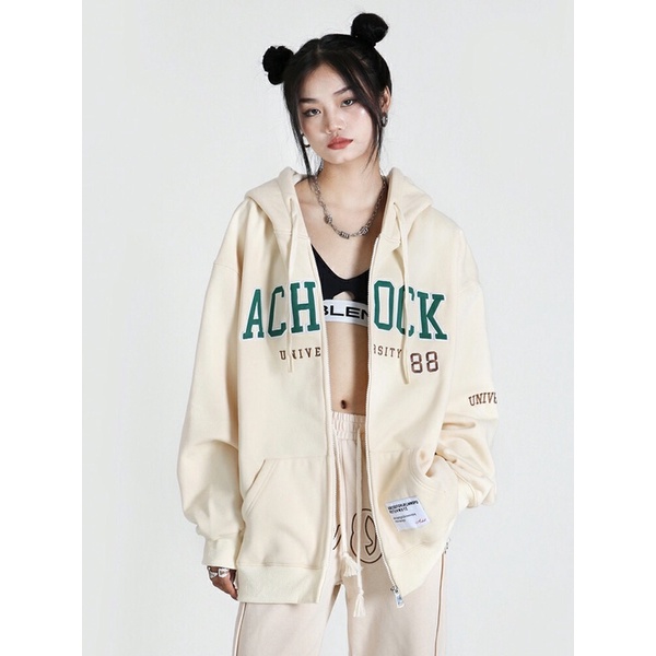 áo khoác Zip dây kéo thêu chữ ACHOCK màu be (from unisex nam và nữ)