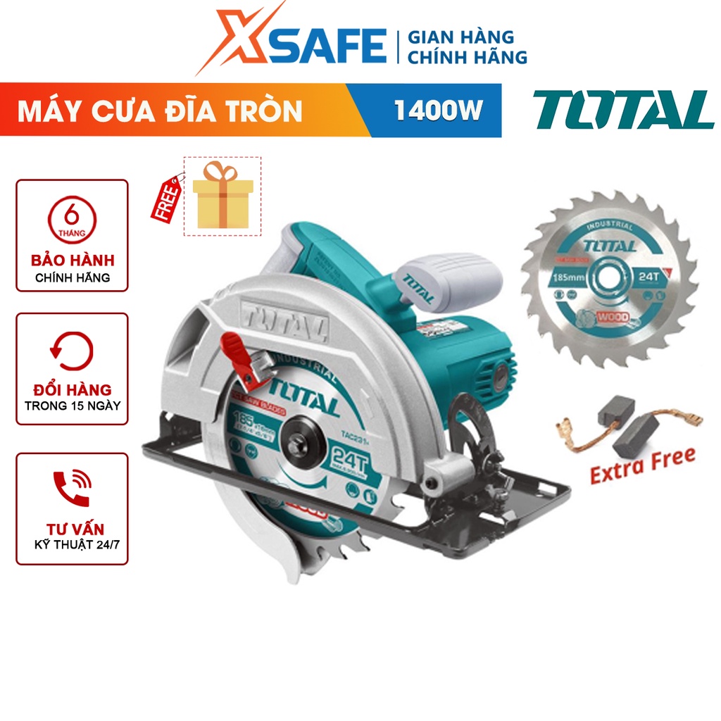 Máy cưa đĩa tròn TOTAL TS11418526, đĩa cưa 185x20mm, khả năng cắt: 45 độ: 44mm &amp; 90 độ: 65mm có thể điều chỉnh chiều sâu
