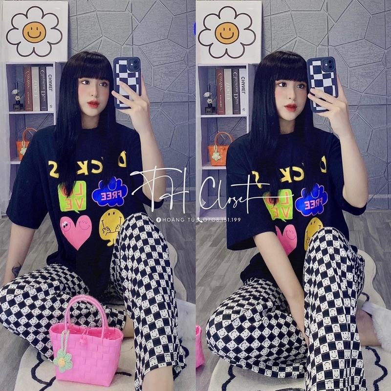 Set quần caro áo thun cotton love xinh xắn đủ màu