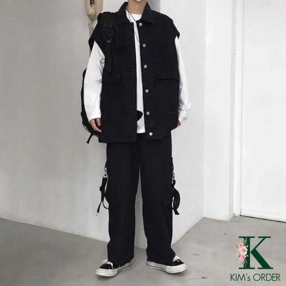 Áo khoác nữ jean màu xanh đen sát nách phom rộng nam nữ Unisex phong cách bụi bặm cực chất Ulzzang Hàn Quốc