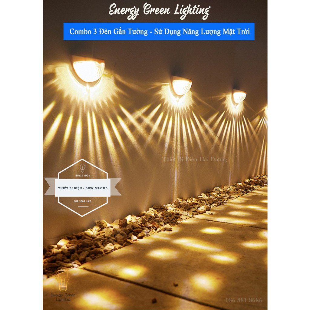 Combo 3 Đèn Led Gắn Tường - Sử Dụng Năng Lượng Mặt Trời MT-107 - Chống Nước IP65 - Ánh Sáng Trắng , Vàng -Bảo Hành 1 Năm