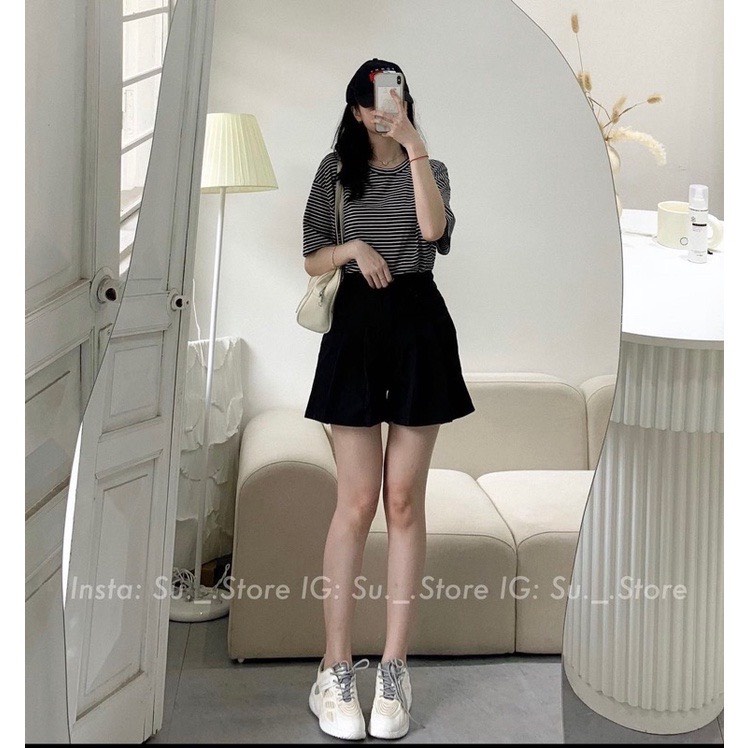Bộ quần áo nữ 🌸 Set áo thun mix quần short kaki giả váy kẻ ngang bánh bèo Ulzzang dành cho nữ MYLADY