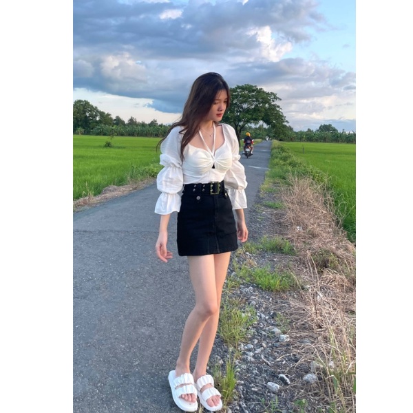 Áo kiểu tay dài dây chéo cổ yếm ,áo kiểu cột nơ trước ,áo bánh bèo babydoll,chất vãi ĐŨI MỀM siêu xinh PLA11