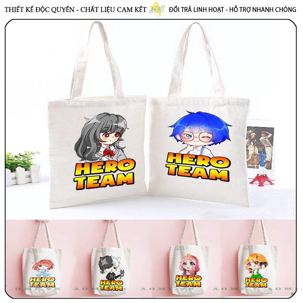 TOTE CANVAS HERO TEAM SIMMY SAMMY SIRO TIMMY KAMUI TÚI VẢI ĐEO VAI BAG KHÓA KÉO SIZE LỚN 33x38cm AOMIVN DU LỊCH DẠO PHỐ