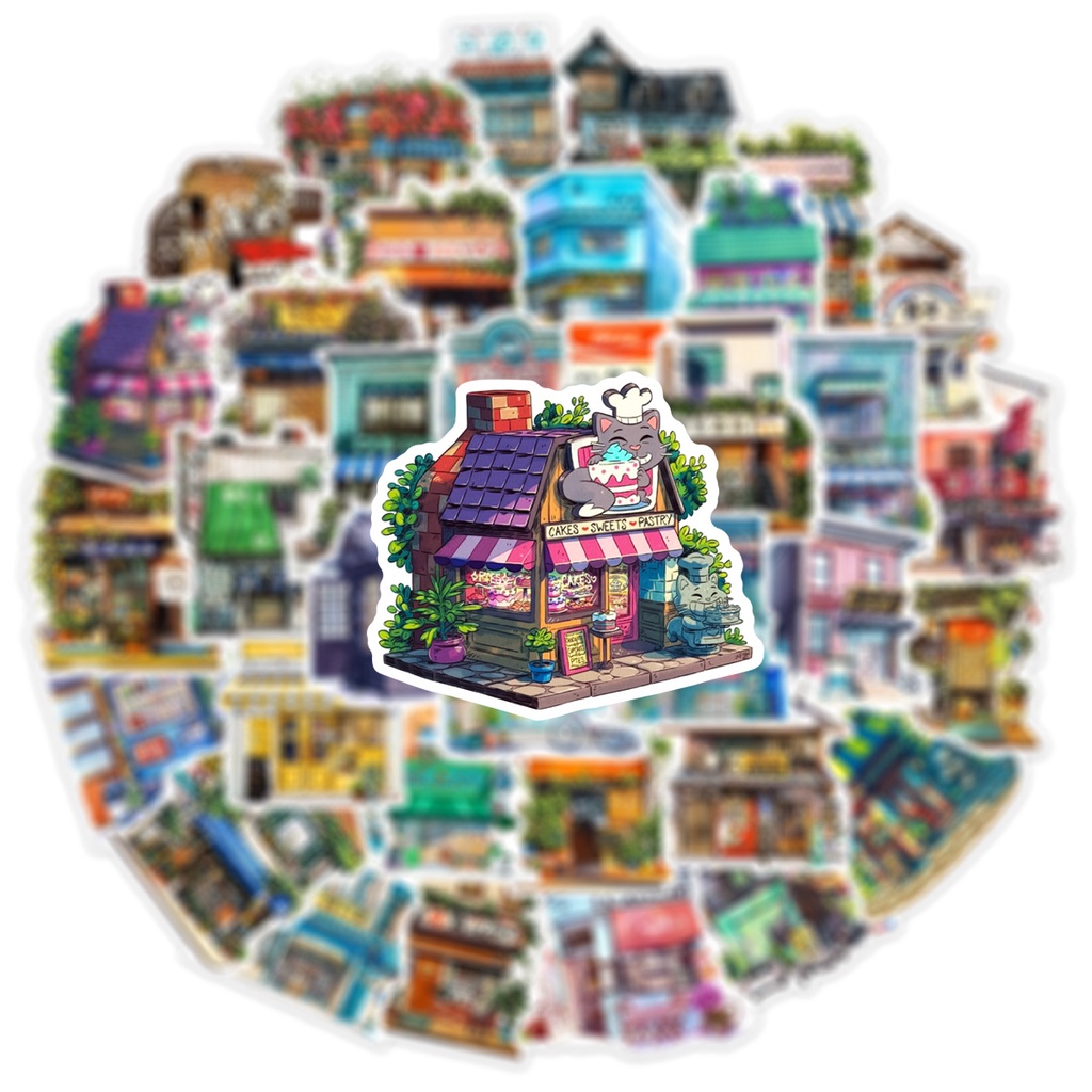 Set 50 Sticker Dán Trang Trí Điện Thoại / Laptop Hình Cửa Hàng Nhật Bản Dễ Thương