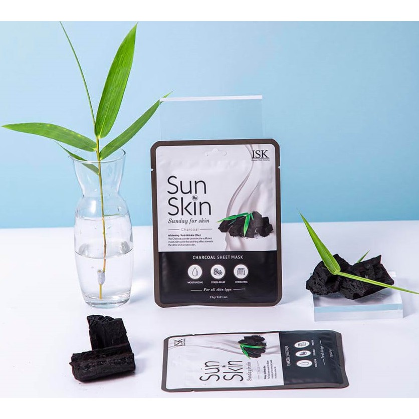 Bộ 3 đắp mặt nạ than hoạt tính dành cho da dầu mụn BEAUSKIN ISK SUNSKIN CHARCOAL SHEET MASK Hàn quốc cao cấp 23g/ gói