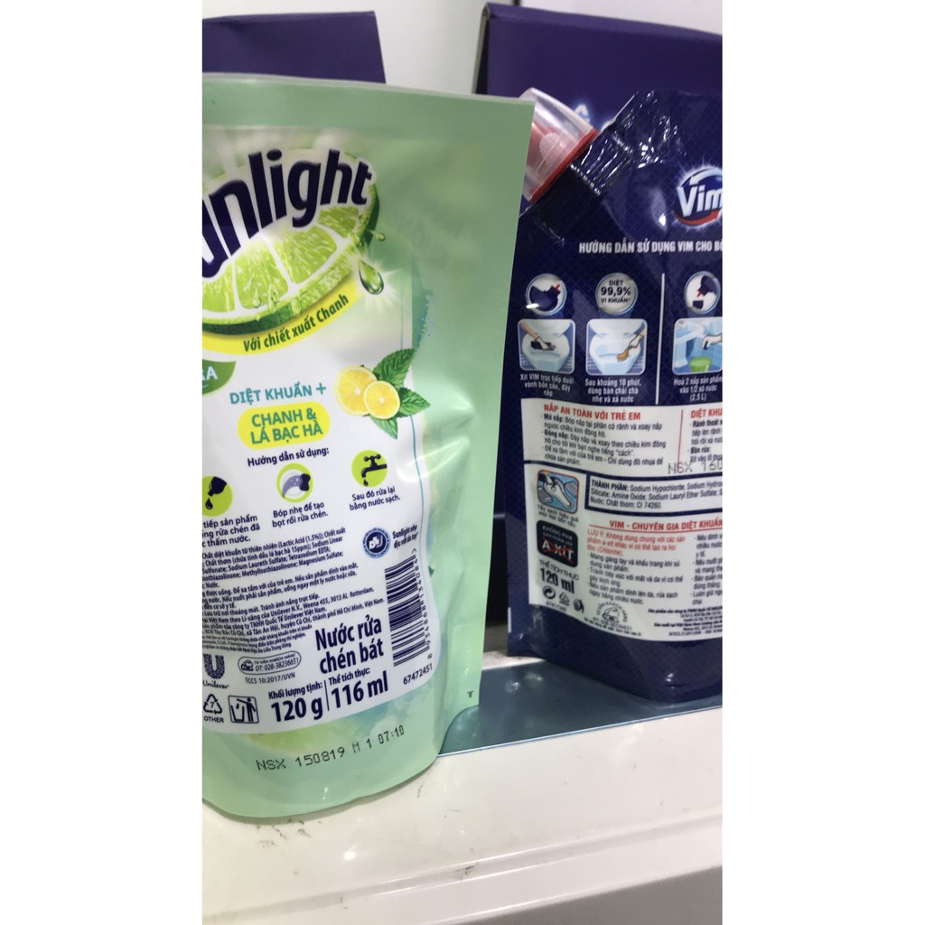 COMBO 2 TÚI VIM + RỬA CHÉN SUNLIGHT CHANH BẠC HÀ DIỆT KHUẨN LOẠI 120ML