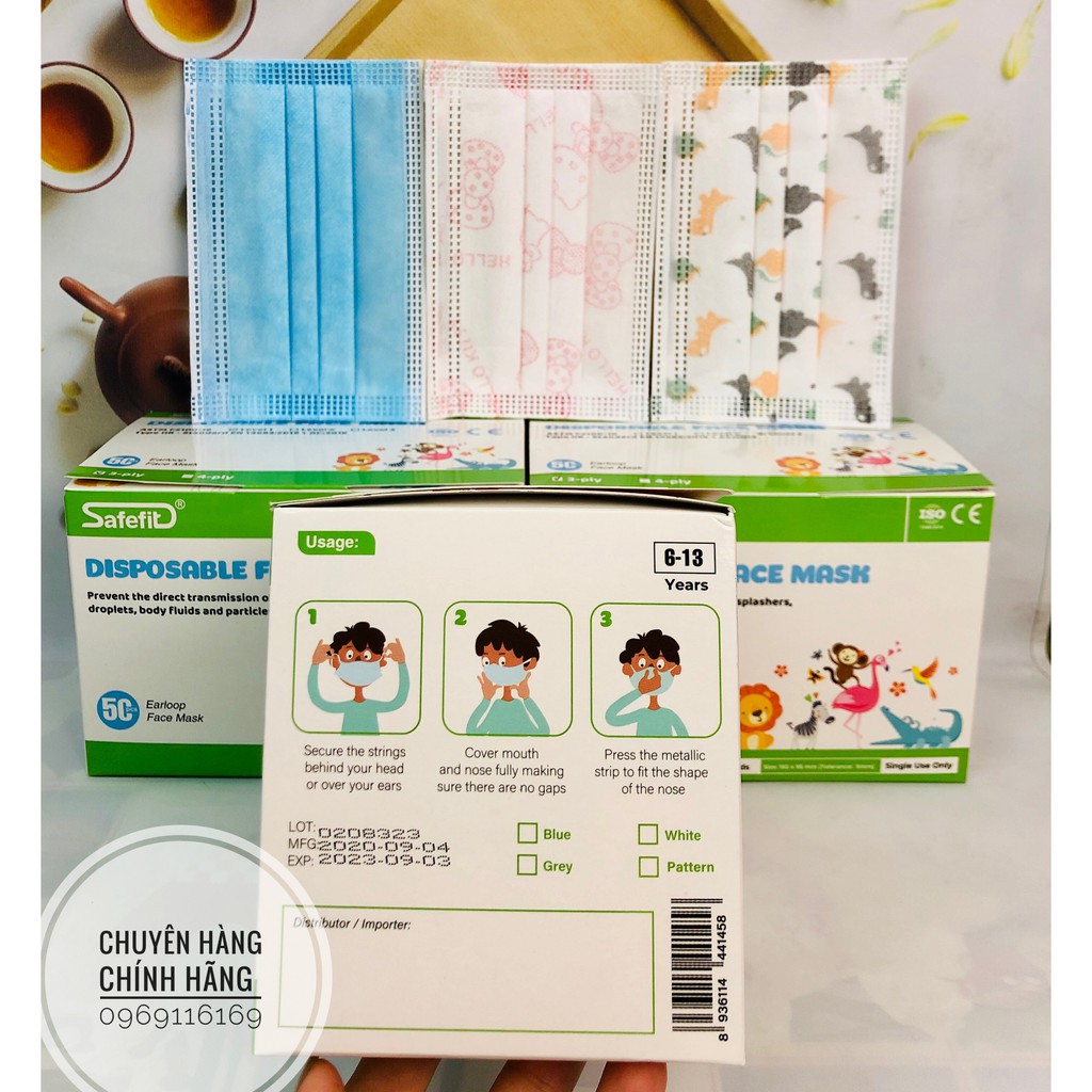 Khẩu trang y tế cho bé từ cho bé từ 6 – 13 tuổi hộp 50 cái – Khẩu trang cho bé 3 lớp kháng khuẩn Safefit