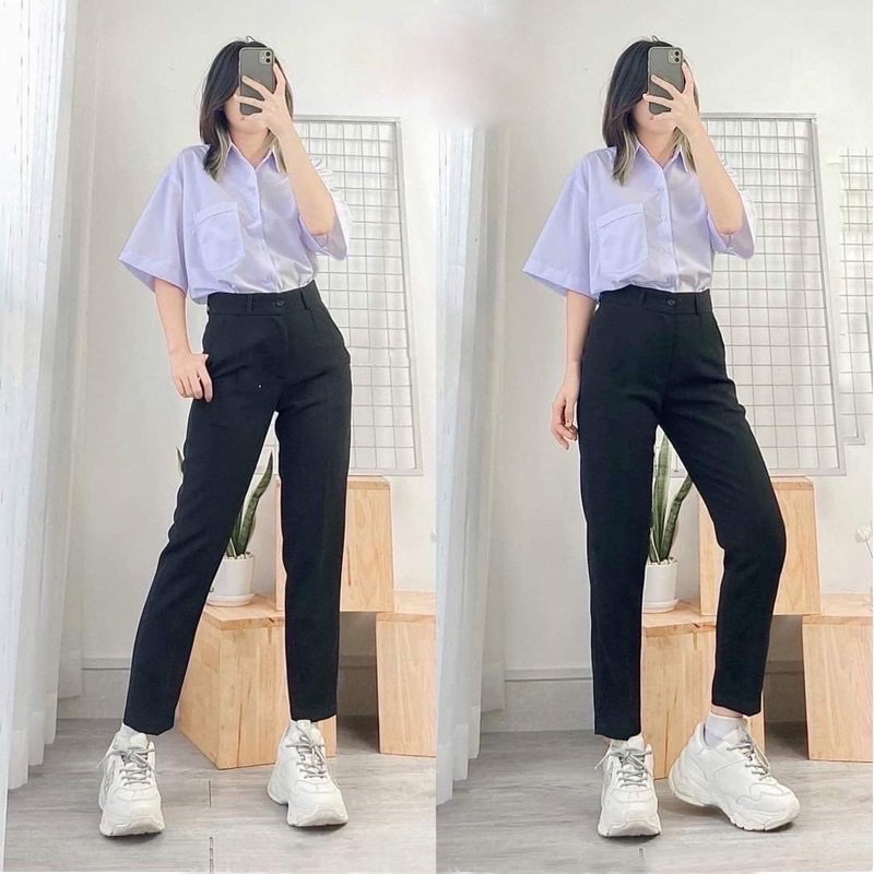 Quần baggy đi học sinh nữ cúc lệch form rộng - Cạp viền lưng cao màu Đen - Vải tuyết mưa - Dáng quần baggy công sở