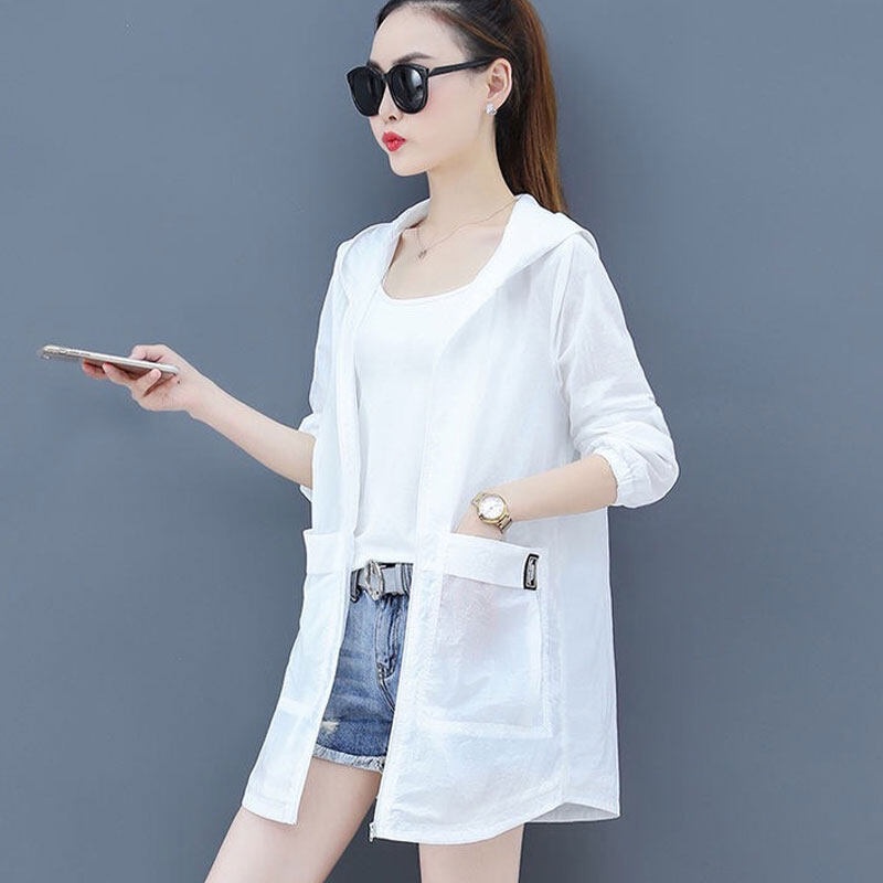 Áo khoác YEYA chống nắng mỏng tay dài màu trơn có khóa kéo dài đến giữa đùi cho nữ