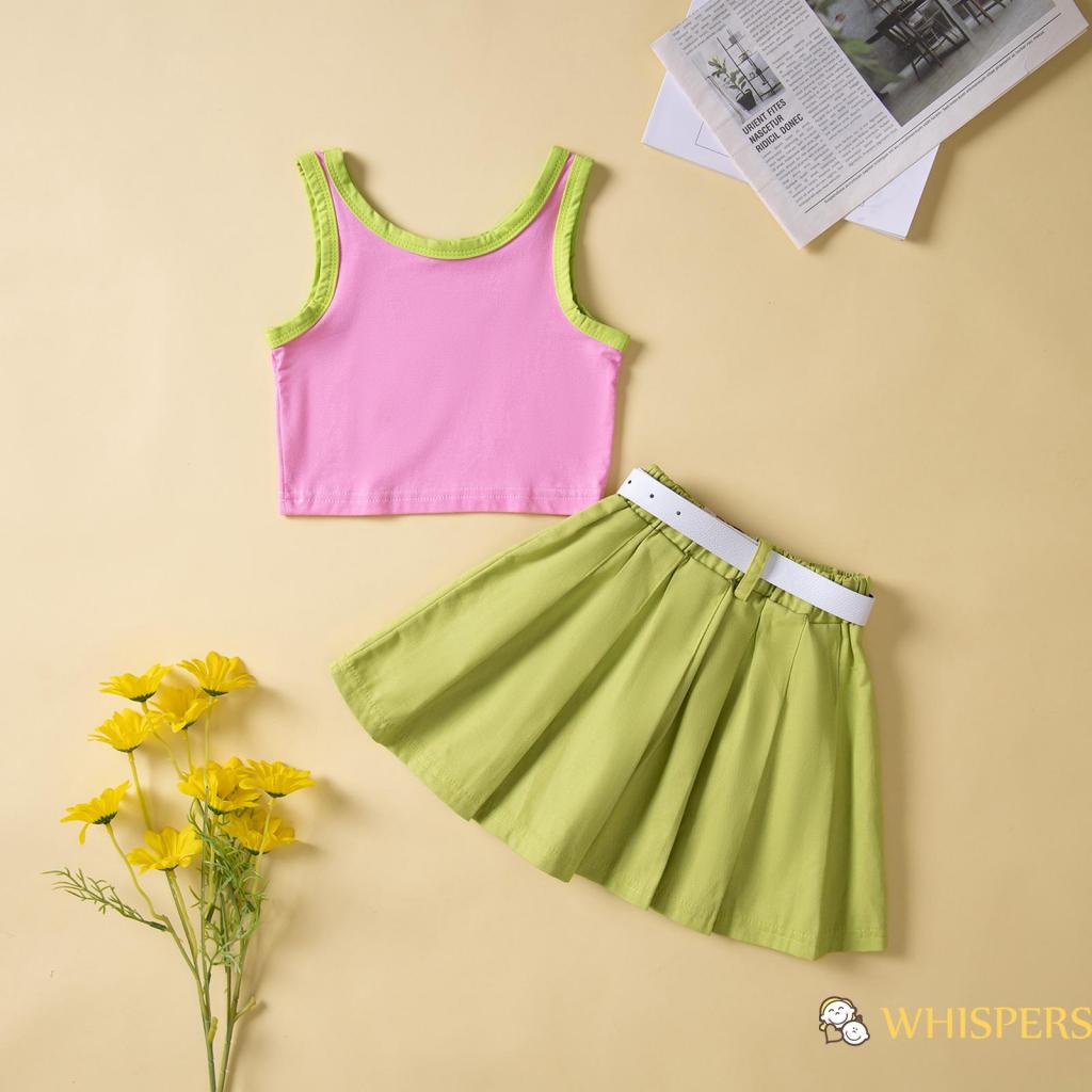 WHISPERS-Toddler Girls Set Letter Print Sleeveless Tank Tops + Solid Color Pleated Skirts + Waist Belt Summer