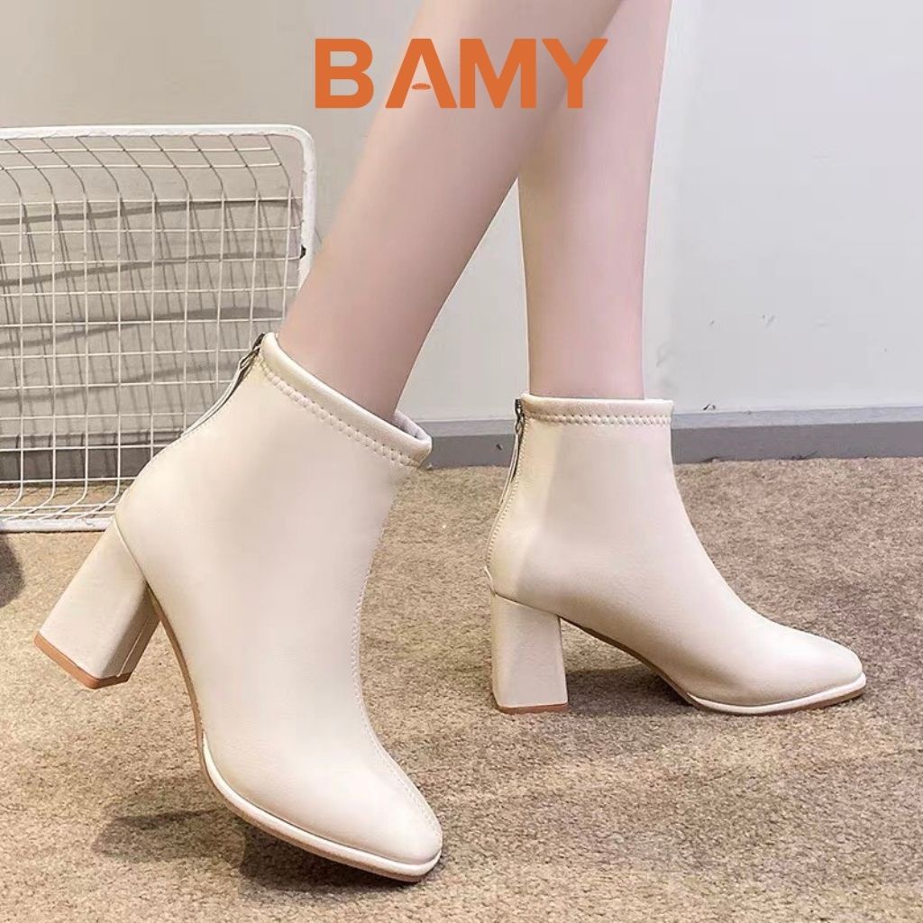 Bốt nữ da mềm Cao Cấp cổ cao khóa sau BAMY , giày boots ulzzang mũi vuông gót vuông 5 phân