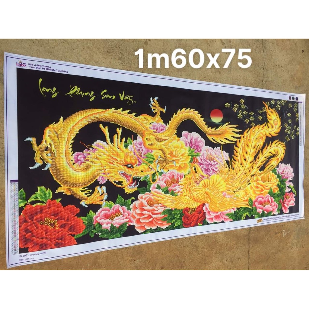 Tranh Đính Đá LONG PHỤNG SUM VẦY. Kích Thước: 1m x 55cm - 1m20 x 65cm