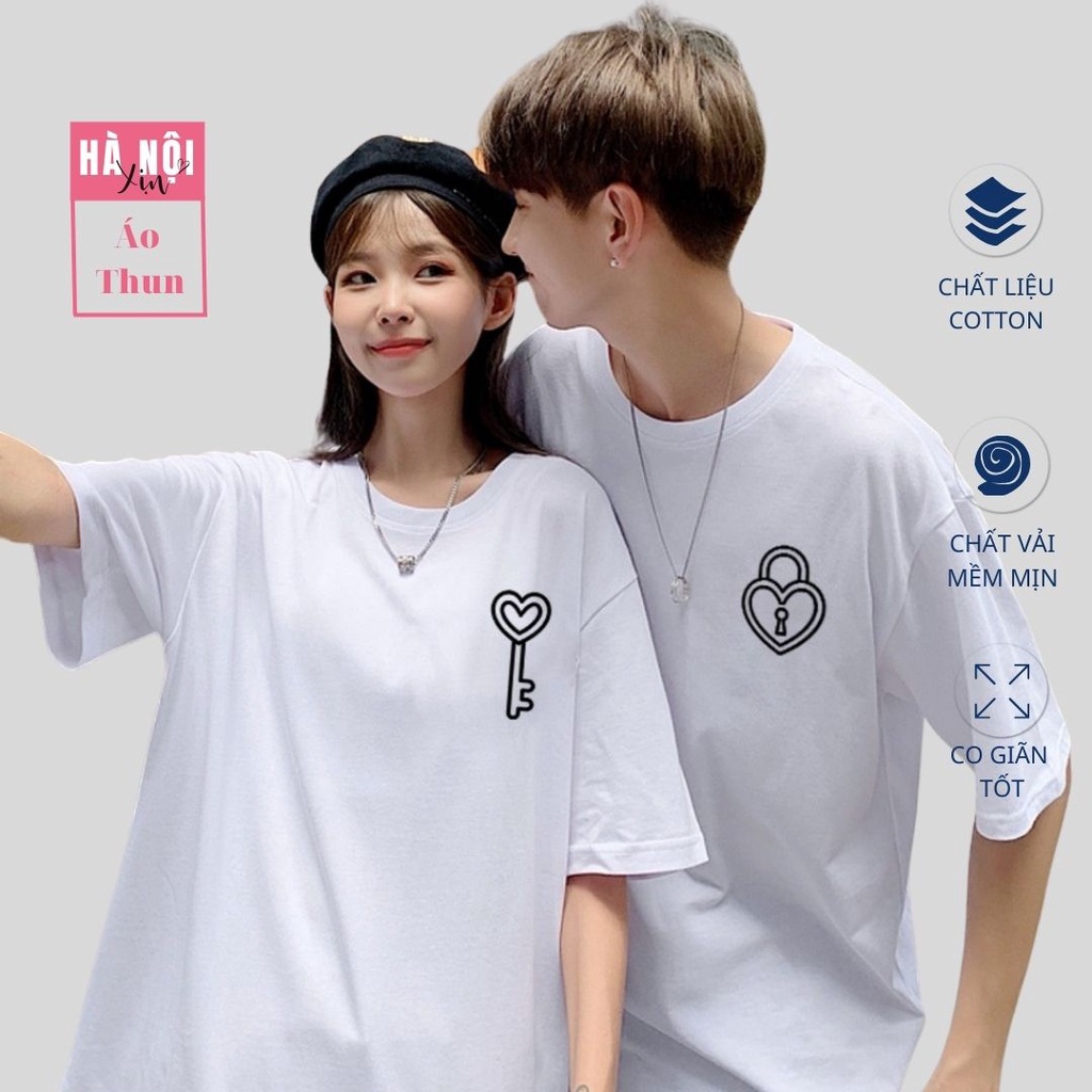 Áo thun đôi nam nữ vải cotton, Áo phông đôi nam nữ vải cotton in họa tiết chìa khóa-ổ khóa phong cách Unisex
