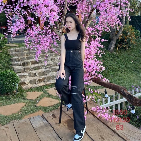 [ ÂN TÌNH ] QUẦN JEANS ỐNG RỘNG NỮ LƯNG CAO RÁCH VẠT PHẢI 2 SỌC TRÁI MÀU XÁM ĐẬM LAI CUỐN CAO CẤP HADI CỰC THỜI TRANG