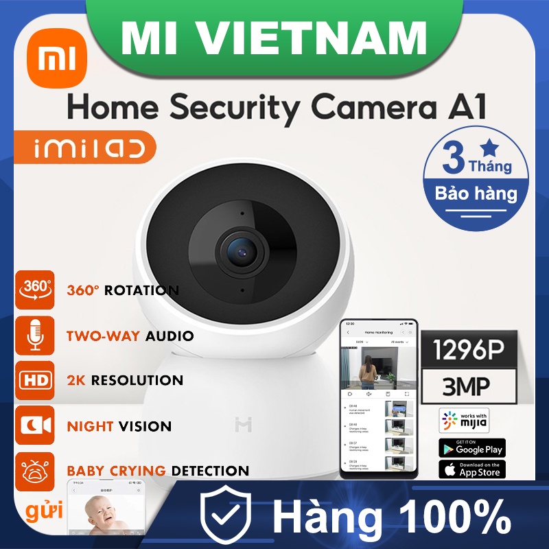 Camera giám sát Xiaomi IMILAB A1 360 độ 2K 1296P Đàm thoại 2 chiều thông qua điện thoại nội địa Camera IP [QUỐC TẾ]