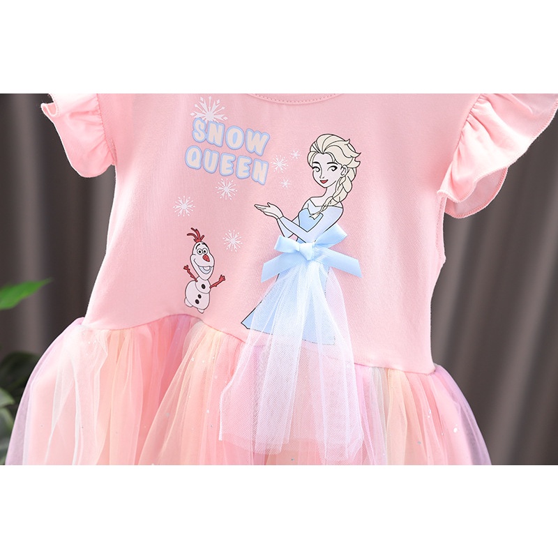 Đầm Công Chúa Frozen Elsa Mùa Hè Bằng Vải Cotton Tay Cộc Dễ Thương Váy Cho Bé Gái 1-8 Tuổi