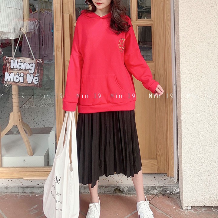 Áo hoodie nữ cute nỉ bông form rộng dày có mũ kiểu unisex oversize dấu quần màu đỏ đen trắng nâu thời trang Hàn Quốc | BigBuy360 - bigbuy360.vn