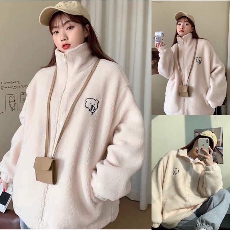 Áo Khoác Lông Nữ Dáng Rộng Dài Tay Khóa Kéo Thêu Gấu Trắng Cute