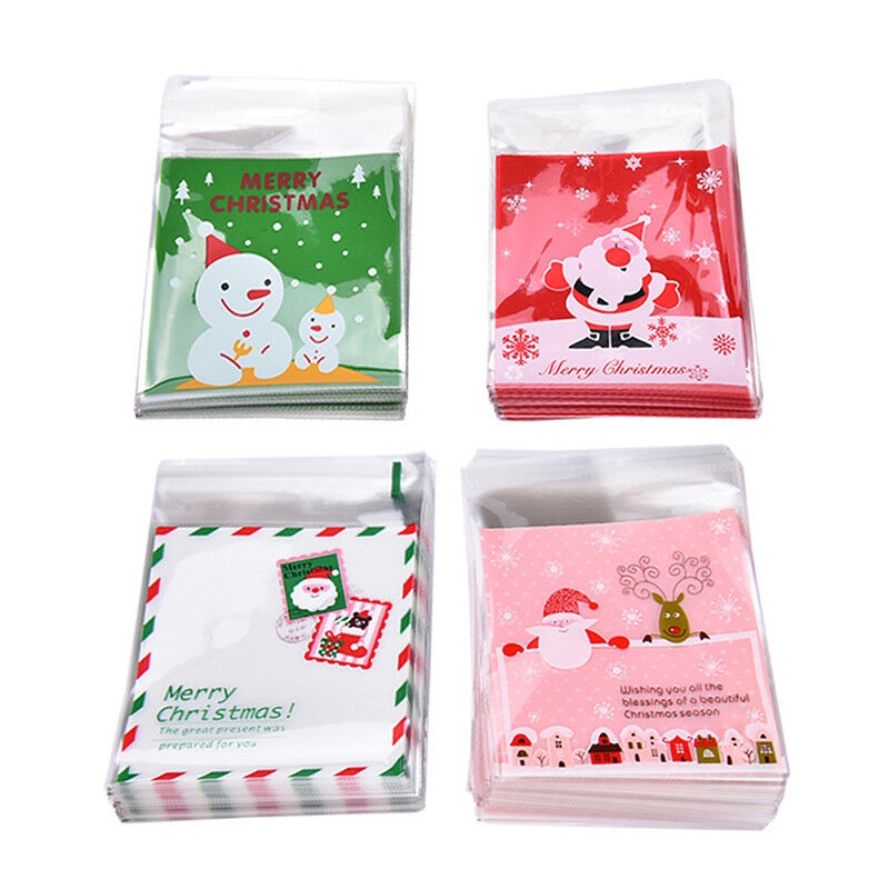 Set 100 túi nhựa đựng bánh kẹo họa tiết Giáng Sinh