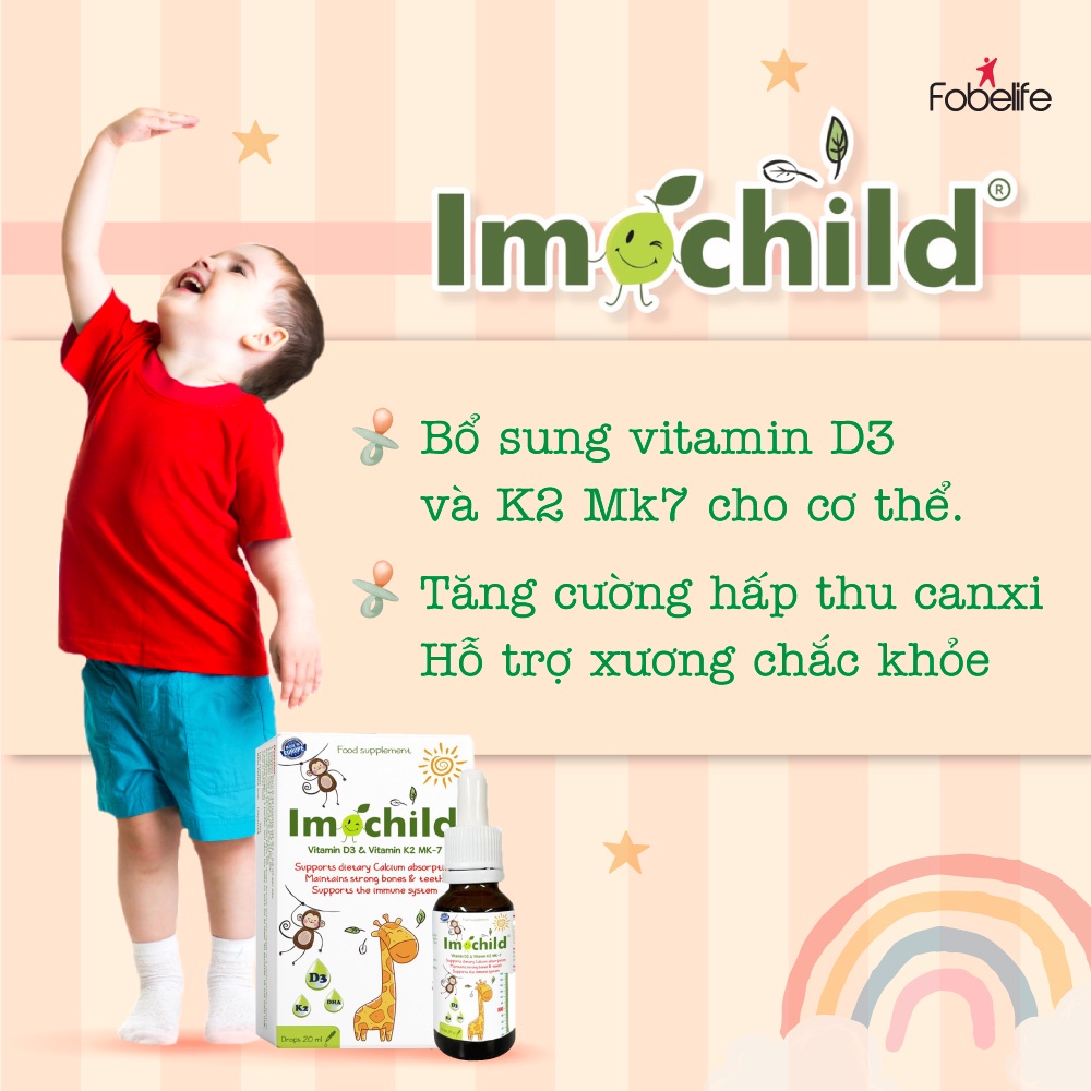Imochild NHỎ GIỌT D3 K2 Fobelife Bổ Sung Vitamin D3 K2 và DHA Hấp Thụ Canxi Phát Triển Chiều Cao Cho Trẻ - Chai 20ml