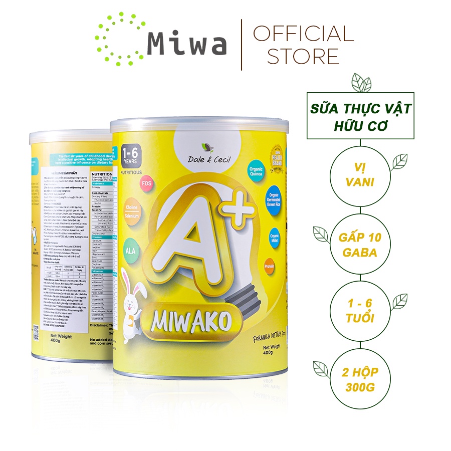 Combo 2 Hộp Sữa Hạt Miwako A+, Sữa Thực Vật Hữu Cơ Cho Trẻ Dị Ứng Sữa Đạm Bò, Trẻ Biếng Ăn, Vị Vani 400gr - MIWA STORE