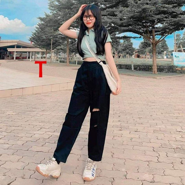 Sét áo polo croptop + quần bagy rách TT12