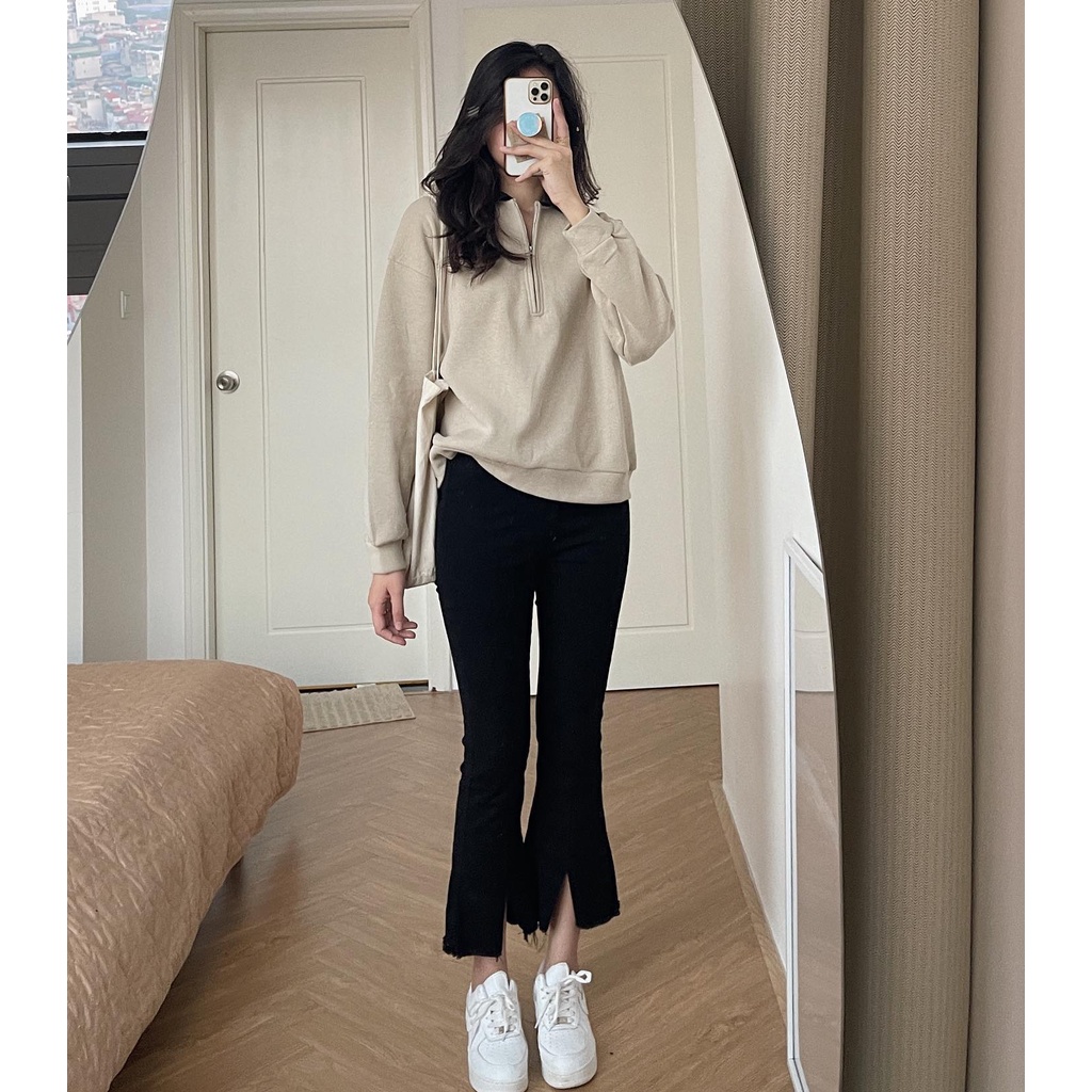 (ảnh thật) Audrey Quần jeans đen loe xẻ giữa 2404