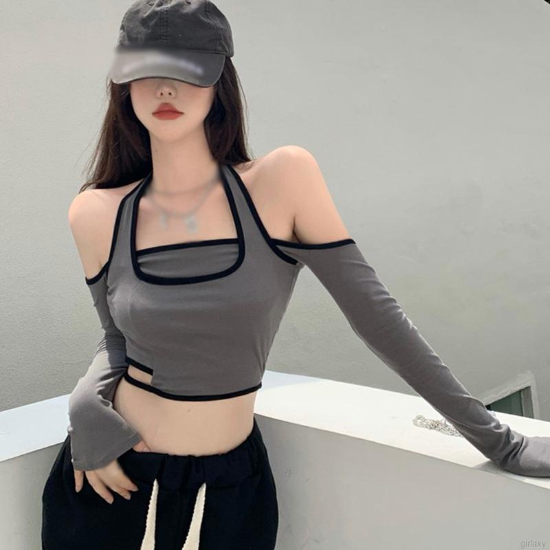 Áo croptop tay dài hở vai màu sắc thời trang Hàn Quốc dành cho nữ