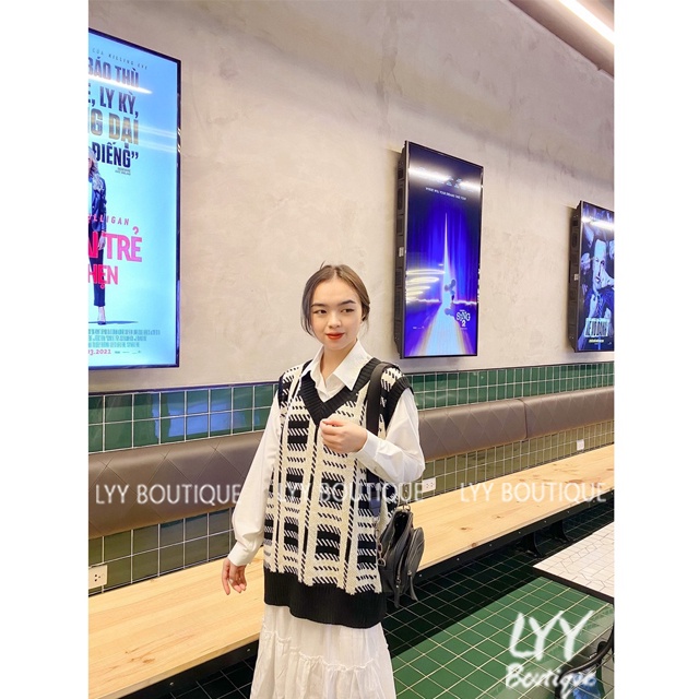 Áo gile len kẻ ô vuông cổ V dáng rộng mix đồ siêu xinh hàng Quảng Châu LYY BOUTIQUE | BigBuy360 - bigbuy360.vn