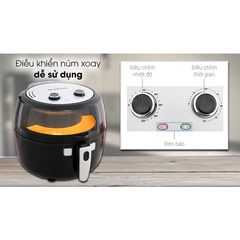 Nồi chiên không dầu RAPIDO RAF-6.5M dung tích 12L - 6,5L - 5L điều khiển cơ