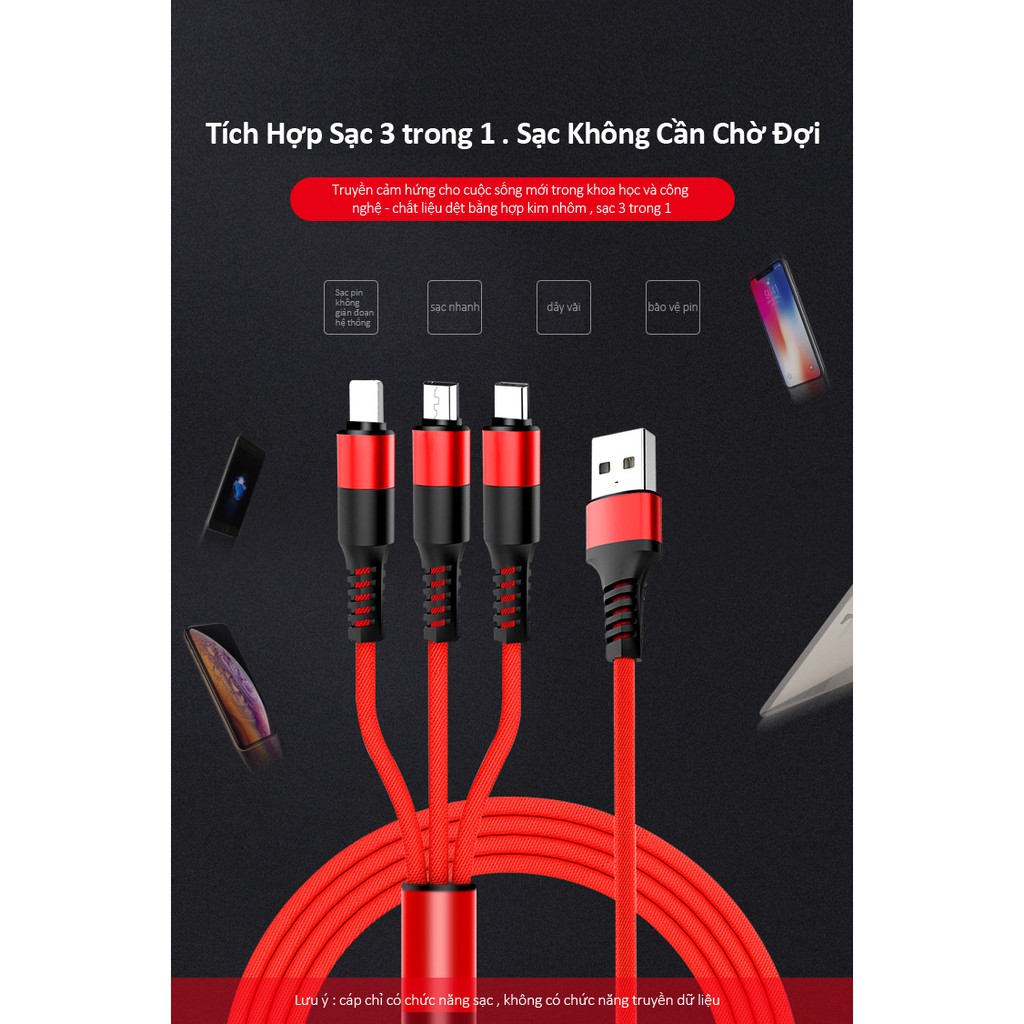 Dây cáp sạc nhanh Lightning, Samsung type c, micro usb android, dây cáp sạc điện thoại 3 đầu chính hãng giá rẻ Sagopy