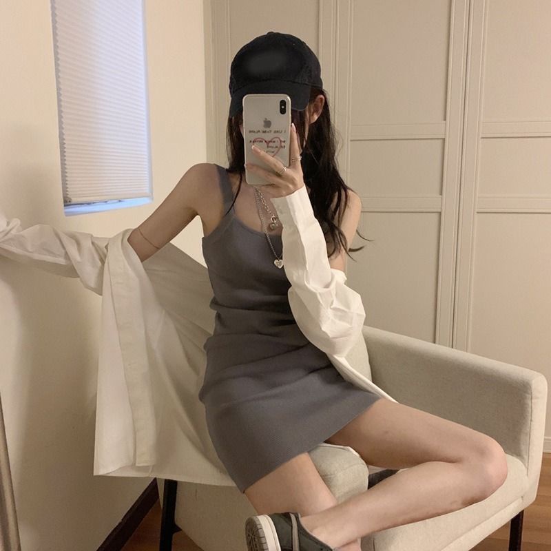 Đầm Dệt Kim Màu Trơn 185245 Đầm Dây Rút Thời Trang Mùa Hè Hàn Quốc Quyến Rũ