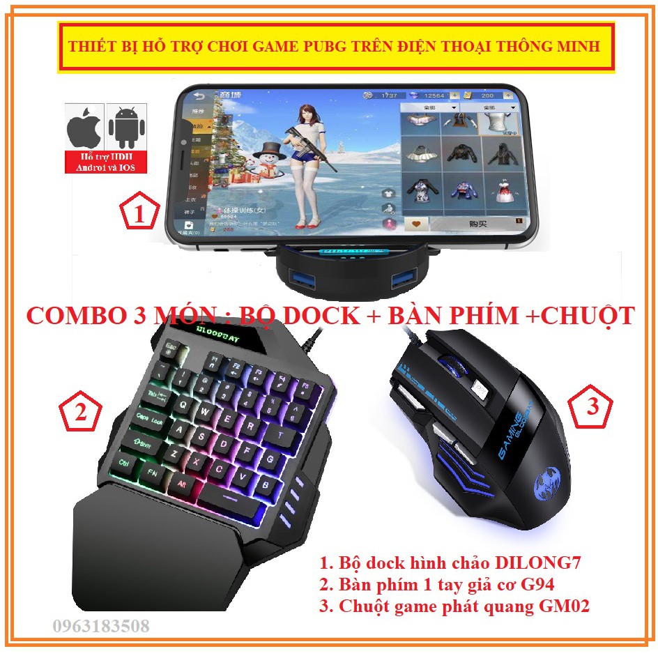 COMBO HỖ TRỢ CHƠI GAME PUBG TRÊN ĐIỆN THOẠI GỒM BỘ CHUYỂN ĐỔI DILONG7  + BÀN PHÍM G94 + CHUỘT QUÀNG GM02