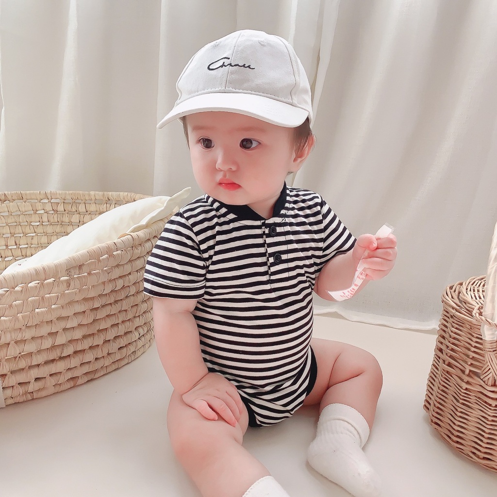 Bộ Áo Liền Quần Vải Cotton Tay Ngắn Cổ Đứng Họa Tiết Kẻ Sọc Dành Cho Bé Trai 0-24 Tháng Tuổi