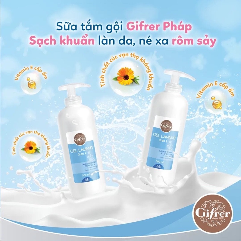 SỮA TẮM GỘI 2in1 cho bé GIFRER GEL LAVANT  chiết xuất từ cúc vạn thọ, vitamin E, Nhập Khẩu PHÁP
