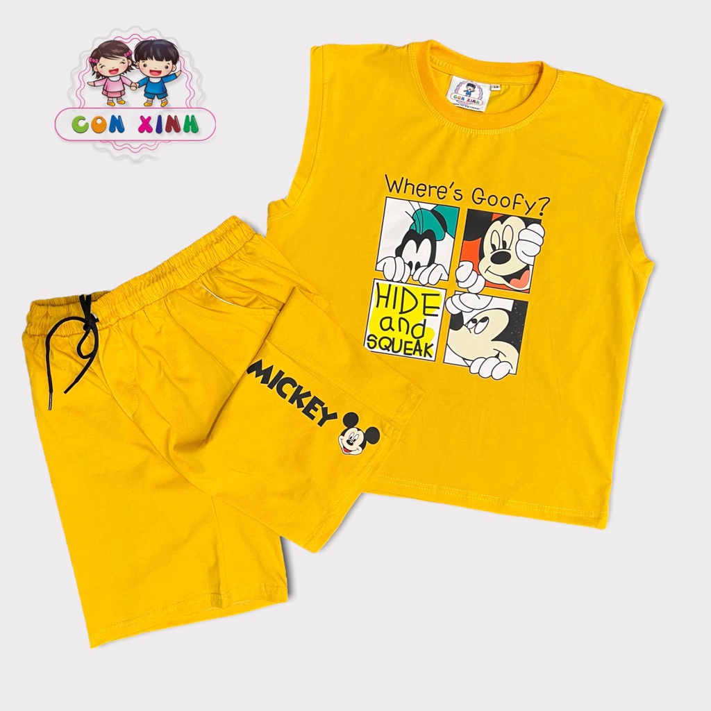 Đồ bộ bé trai Con Xinh cotton sát nách hình in 3 chú chuột MIC, thời trang mùa hè cho trẻ em từ 14 đến 45kg