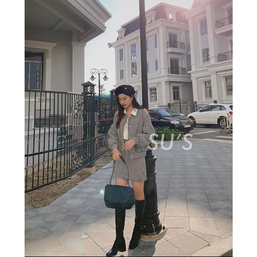 Set Áo Dạ Tweed kèm chân váy mùa đông kiểu dáng Hàn Quốc Tiểu Thư