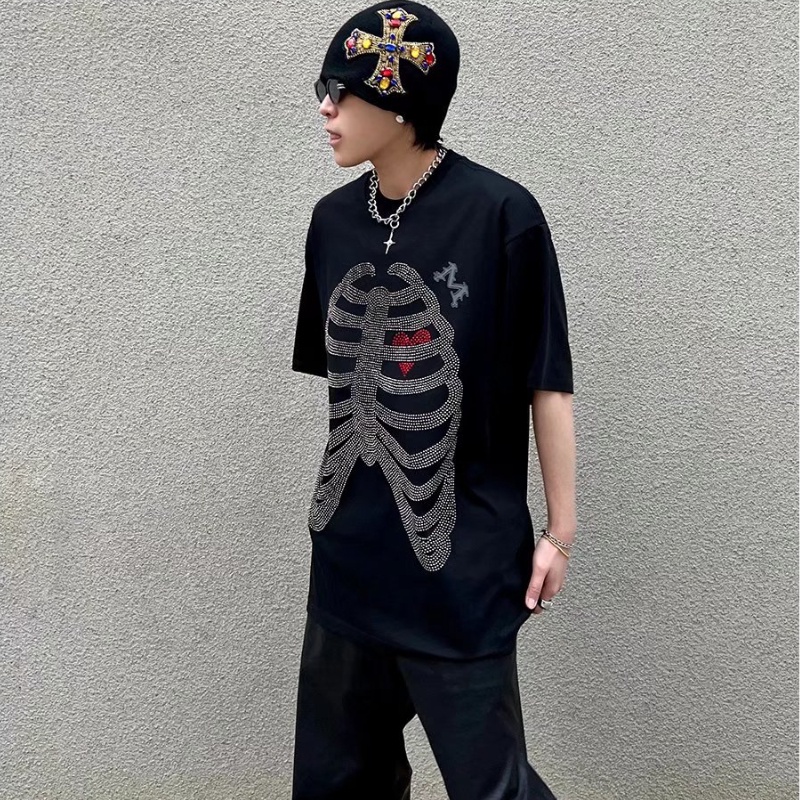 Áo Thun Nam Ngắn Tay Cổ Tròn Đính Đá Phong Cách Hip hop Thời Trang Size M-5XL