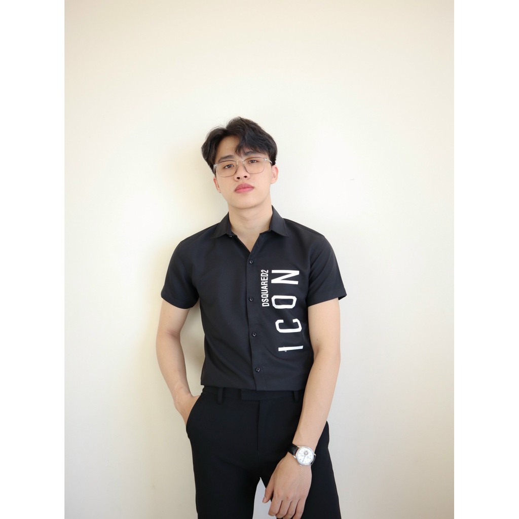 Áo sơ mi nam tay ngắn hàn quốc cao cấp in I.CON giá rẻ mẫu mới nhất AHFASHION