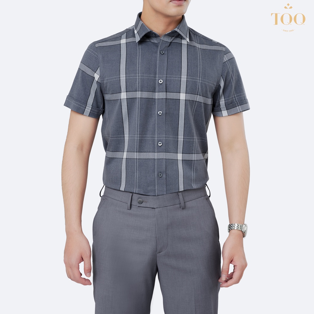 Áo sơ mi nam cao cấp ngắn tay TQQ dáng Slim fit công sở ôm nhẹ K455CSC phối kẻ lịch thiệp và hiện đại
