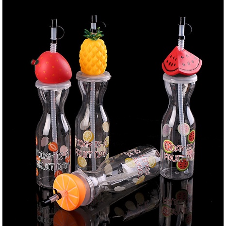 Chai nước hoa quả dưa hấu cam dứa dâu BNN4 cute kèm ống hút dễ thương 500ml