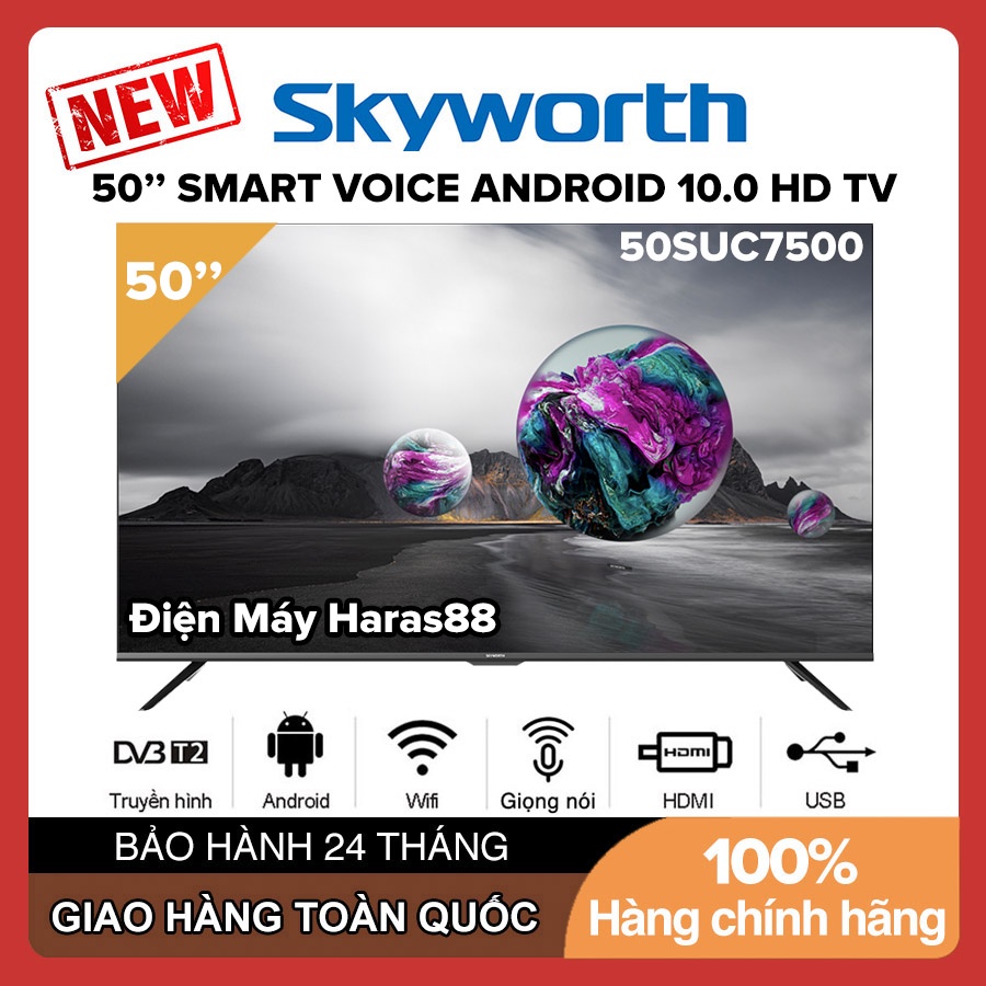 Smart Voice Tivi Skyworth 50 inch UHD 4K 50SUC7500 Android 10.0, Bluetooth, Tìm kiếm giọng nói, Tivi Giá Rẻ