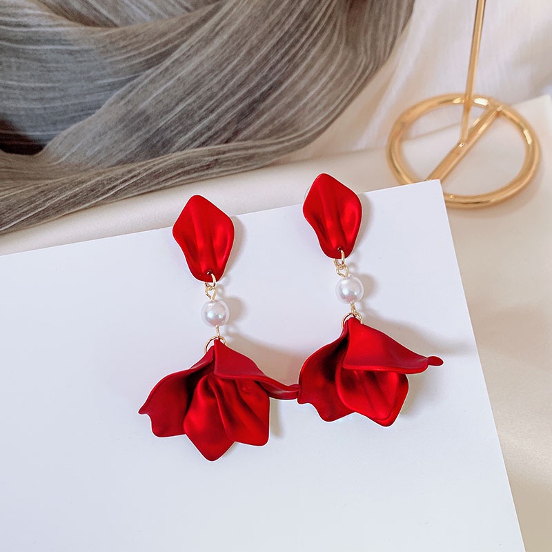 PINKDUDU Bông Tai Dáng Dài Hình Cánh Hoa Màu Đỏ Phong Cách Bohemian Thời Trang Cho Nữ PD138