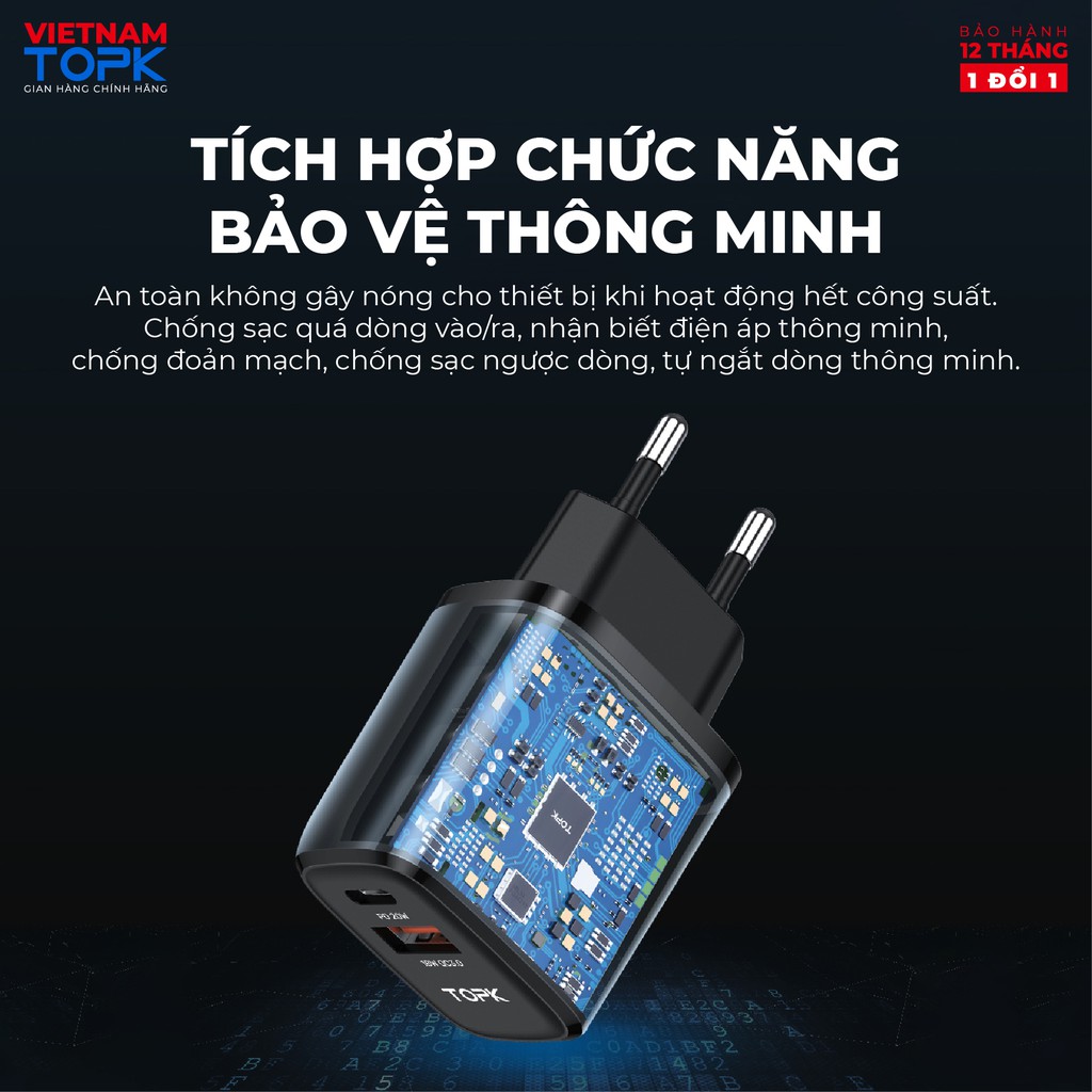 Củ sạc nhanh TOPK B210P Sạc nhanh PD QC 3.0 20W1 Cổng USB 2.0 + 1 Cổng Type C Hàng chính hãng Bảo hành 12 tháng 1 đổi 1