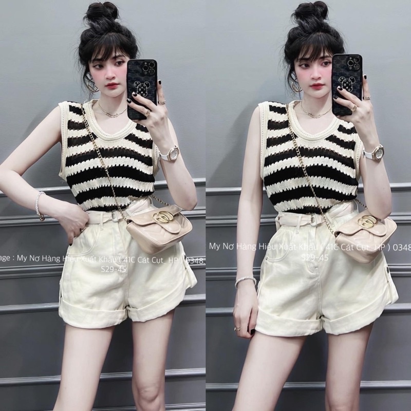 Áo, Váy len viền ren cổ U sâu kẻ ngang dáng tay cộc và tanktop ba lỗ cực xinh