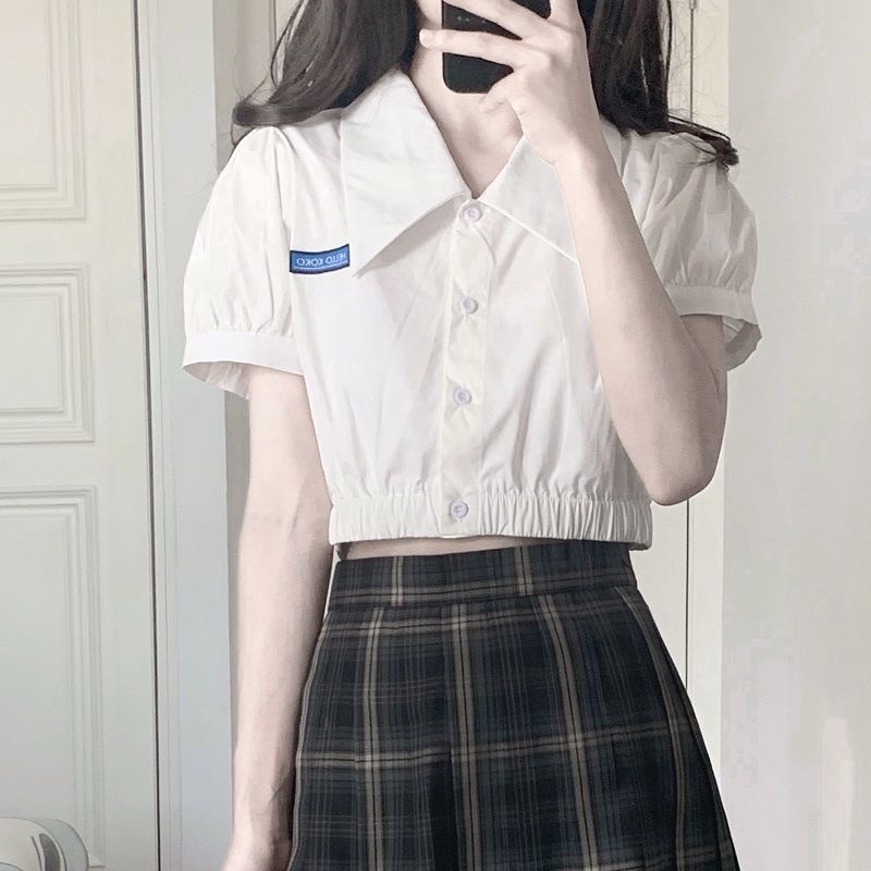 ⭐Đốm⭐Áo Sơ Mi Tay Phồng Dáng Ngắn Form Ôm Thời Trang Cho Nữ
