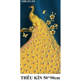Tranh thêu chữ thập chim công 50*90cm thêu kín